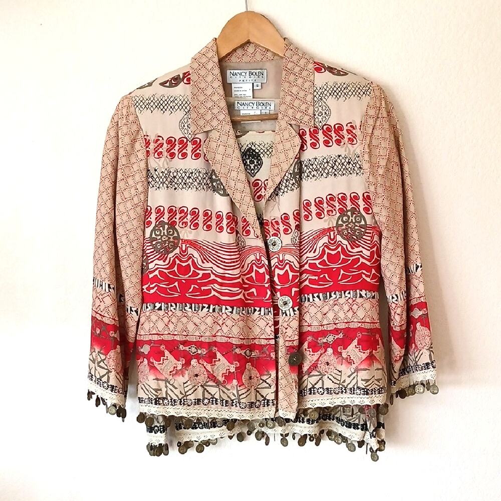 Vintage Nancy Bolen Silk Jacket And Sweater Set With Coin Accents 80s